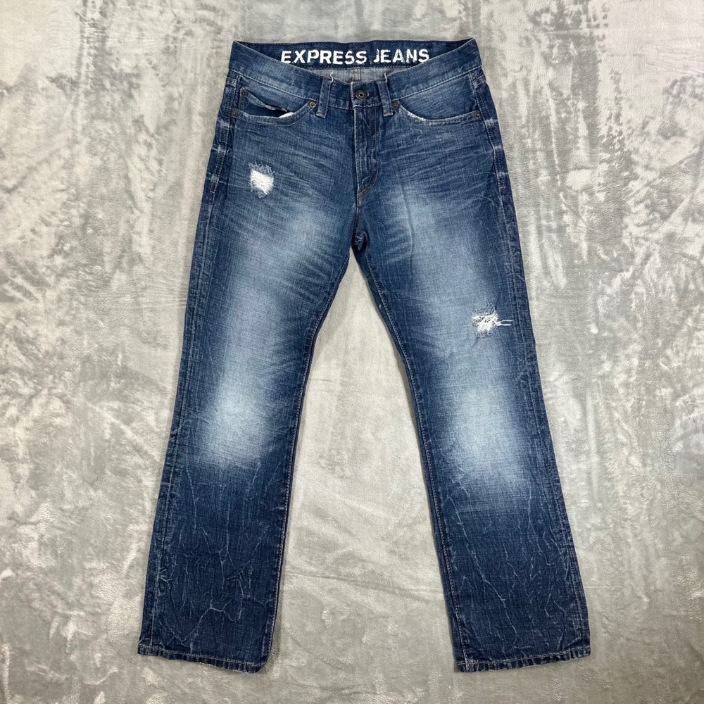Express Rocco Slim Bootcut Jeans Men's Size 31x30 Blue Distressed Denim